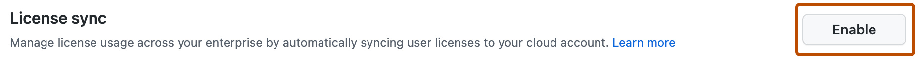 Capture d’écran de l’option « Synchronisation des licences » sur la page GitHub Connect. Le bouton « Activer » est mis en évidence avec un encadré orange.